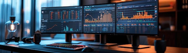 A sleek modern home office setup featuring multiple monitors displaying financial data stock market charts and analytics in a professional environment