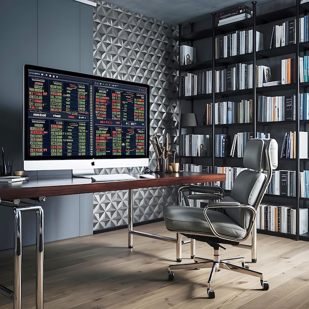 Photo sleek modern home office with global stock market indices displayed on a large computer screen