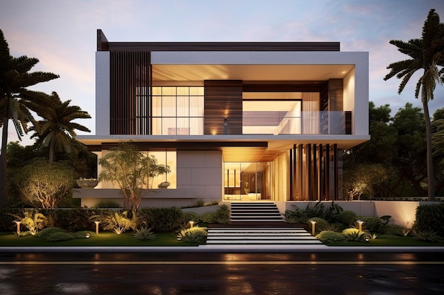 A sleek modern house made of concrete with large windows and a balcony