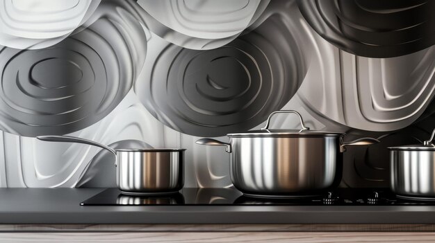 Photo a sleek and modern kitchen with three stainless steel pots on an induction stovetop set agains