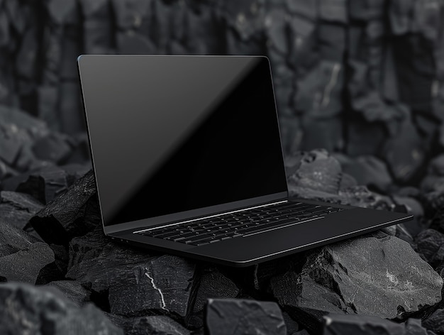 Photo a sleek modern laptop stands out in sharp contrast against a rugged backdrop of charcoal fragments