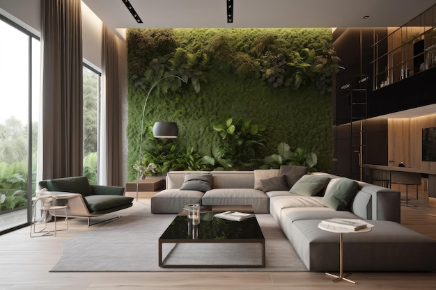 A sleek and modern living room with greenery adding a touch of natural beauty