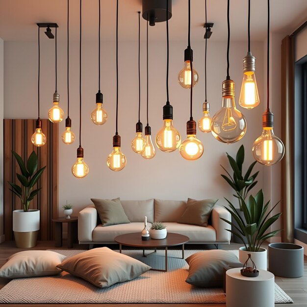 Photo sleek modern living room with hanging pendant lights and cozy accents