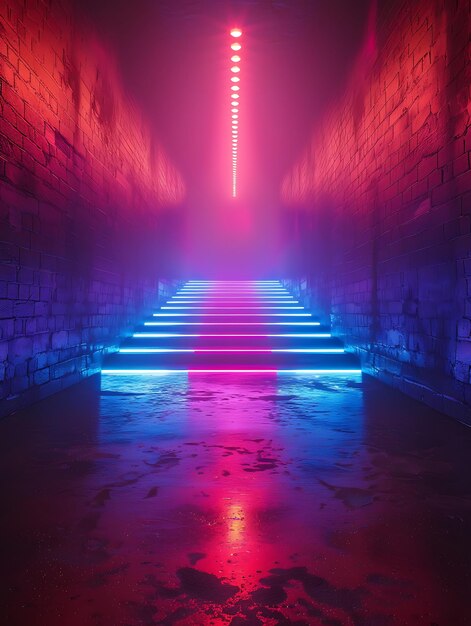 Sleek and modern neon podium with vibrant blue and pink lights