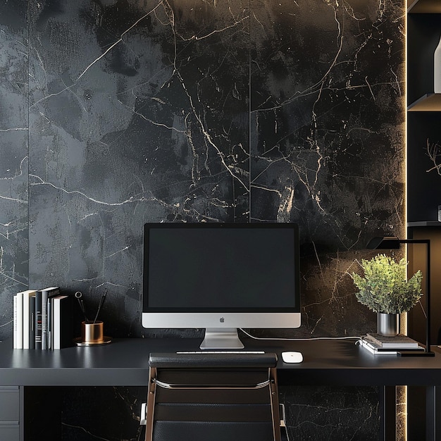 Photo sleek modern office desk with computer and chair on black marbled surface