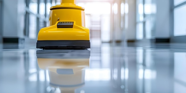 Sleek modern office lobby featuring a yellow vacuum machine on a polished marble floor Concept Interior Design Modern Office Space Yellow Vacuum Polished Marble Floor Sleek Lobby