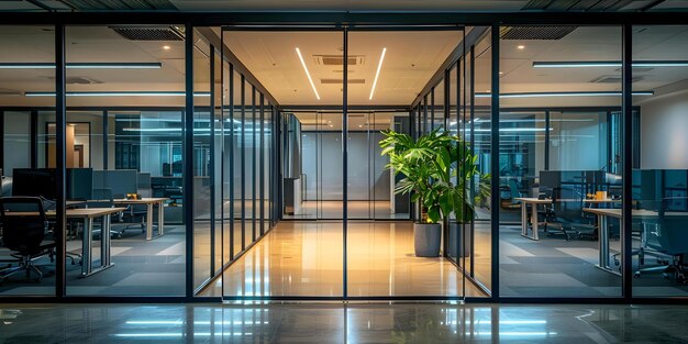 Photo sleek modern office at night with glass partitions polished floors and plants concept nighttime office photography sleek modern design glass partitions polished floors indoor plants