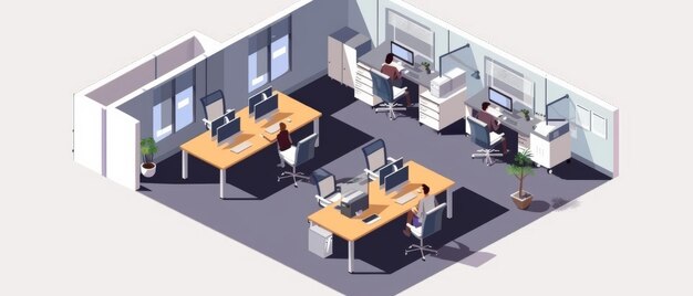 Photo a sleek modern office space with employees working diligently at spacious desks fostering productivity and collaboration