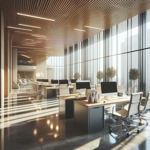 Sleek Modern Office with Blurred Background and Abundant Light