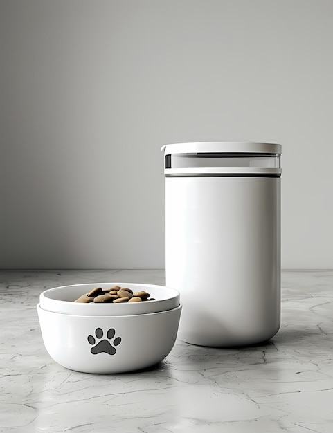 a sleek modern pet bowl filled with kibble and a large matching food container