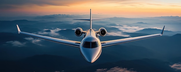 Photo a sleek modern private jet flying over a breathtaking mountain landscape during sunset symbolizing luxury travel and aviation excellence