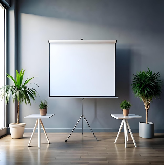 A sleek modern projection screen set against a minimalist backdrop perfect for showcasing your presentations product demos or marketing campaigns