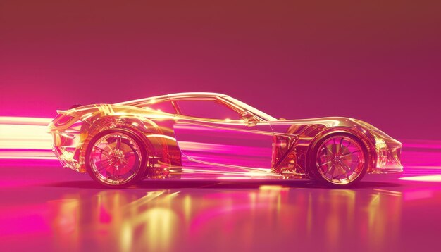 Sleek and Modern Sports Car in Vibrant Pink and Gold Lighting at Night