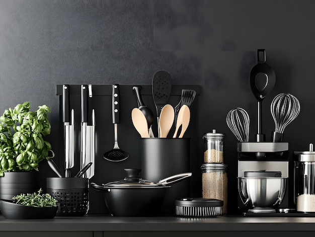 Photo sleek and modern stainless steel kitchen appliances set on a reflective black surface showcasing minimalist design and hightech functionality for contemporary kitchens