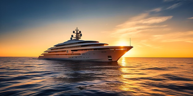 A sleek and modern yacht cruising across a crystalclear ocean during sunset