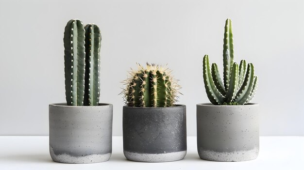 Sleek Modernity A Trio of Symmetrical Cacti Gracefully Adorn a Minimalist White Backdrop