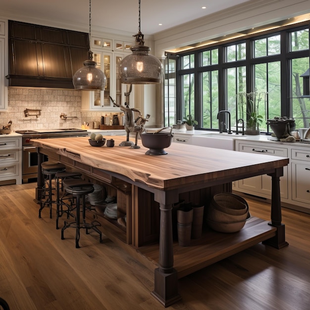 Sleek Oak Kitchen Island With Large Window And Contemporary Palette