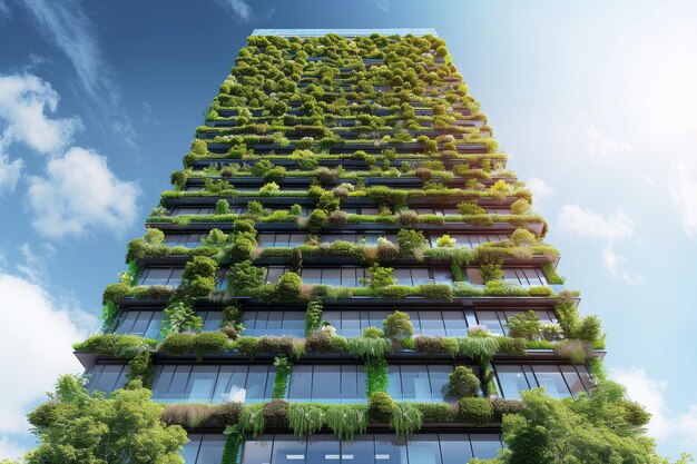 A sleek office tower adorned with vertical gardens