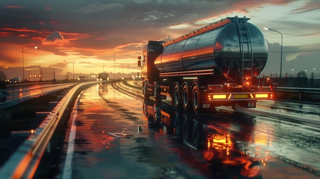 A sleek oil tanker truck driving on a highway at sunset