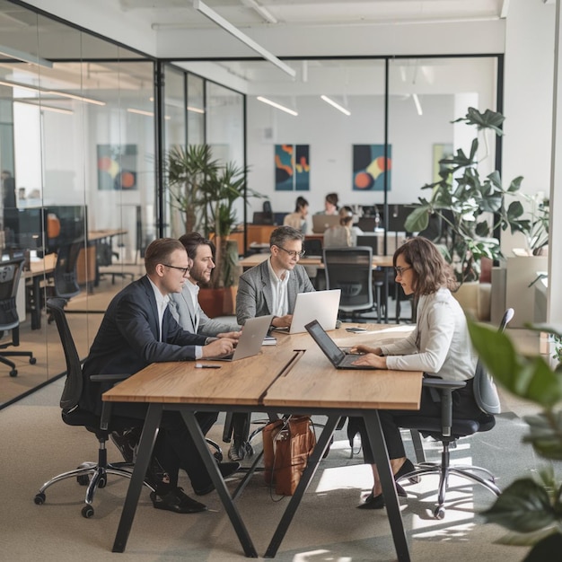 A sleek openplan office with glass walls ergonomic furniture and natural light Professionals collaborating with laptops and tablets