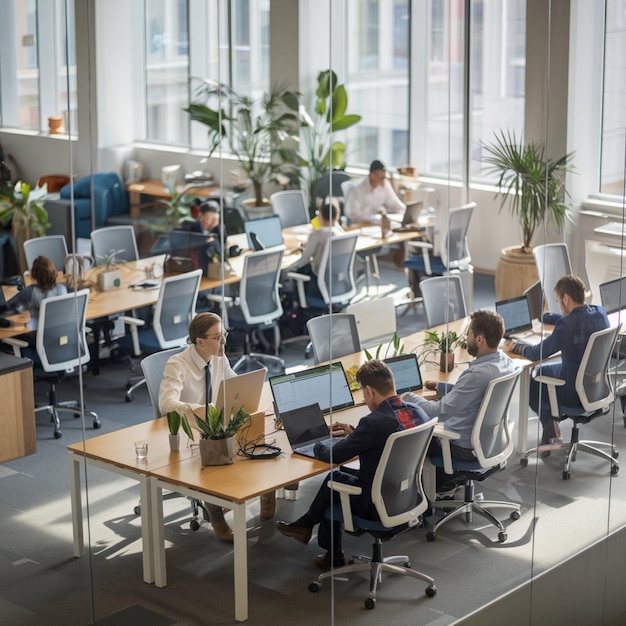 A sleek openplan office with glass walls ergonomic furniture and natural light Professionals