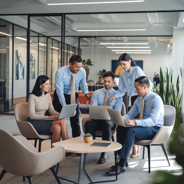 A sleek openplan office with glass walls ergonomic furniture and natural light Professionals