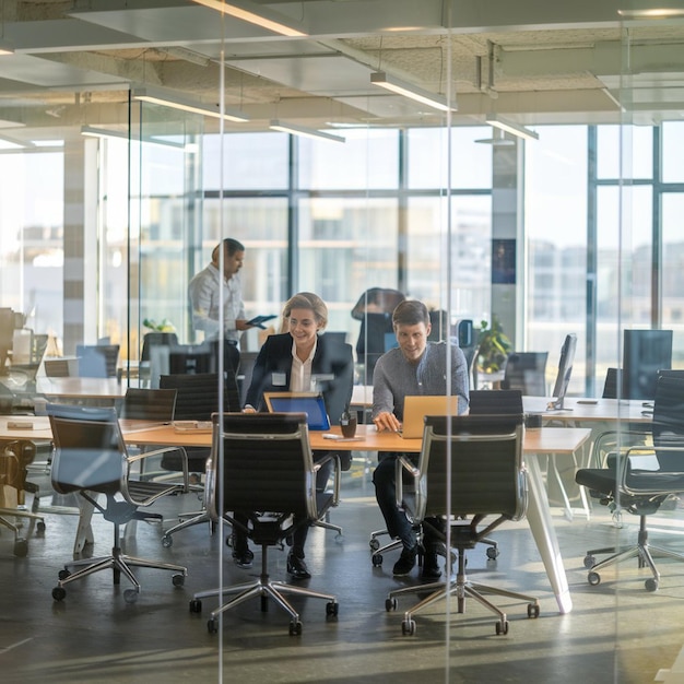 A sleek openplan office with glass walls ergonomic furniture and natural light Professionals