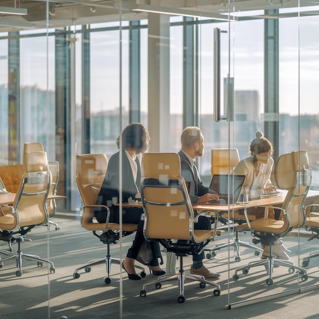 A sleek openplan office with glass walls ergonomic furniture and natural light Professionals