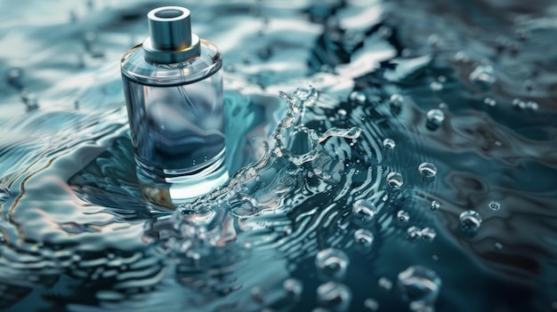 A sleek perfume bottle amidst captivating water splashes evoking a sense of luxury and freshness