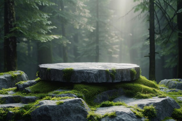 A sleek podium adorned with elements reminiscent of a peaceful forest glade