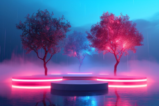 A sleek podium where minimalist neon trees