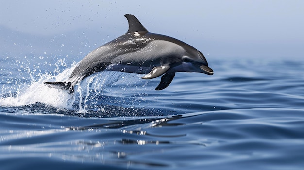 The sleek profile of a dolphin leaping from the ocean its arched body and pointed fin captured in a moment of pure joy and athleticism against a backdrop of sparkling blue water