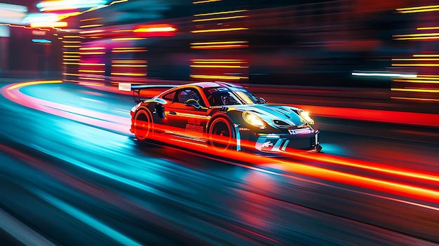 A sleek racing car speeds through a vibrant illuminated cityscape