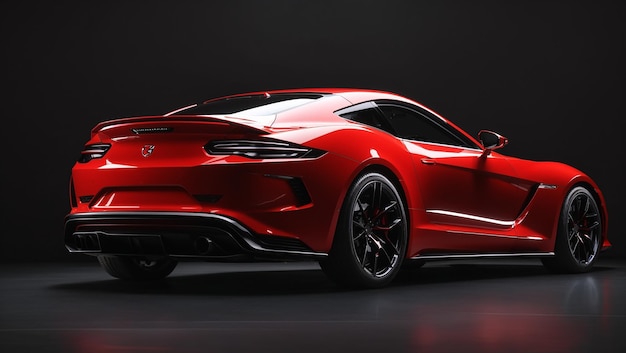 A sleek red sports car is shown from the rear with a black background