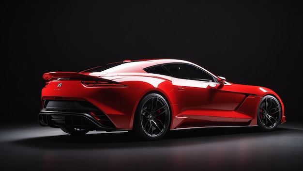 A sleek red sports car is shown from the rear with a black background