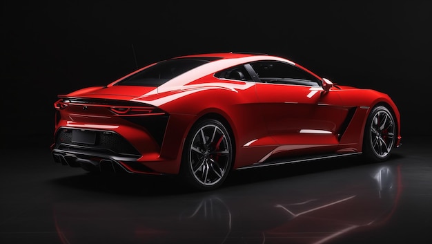 A sleek red sports car is shown from the rear with a black background