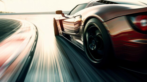 Photo a sleek red sports car speeds around a track capturing the exhilaration and adrenaline rush of highspeed racing with motion blur accentuating its velocity