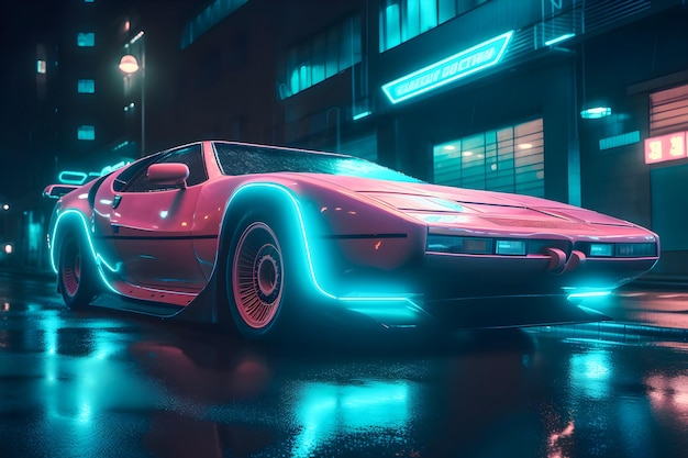 Sleek retrowave car with neon lights illuminating on the city streets