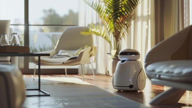 Photo a sleek robotic assistant in a bright modern living room looks ready to help symbolizing the integration of technology into daily life