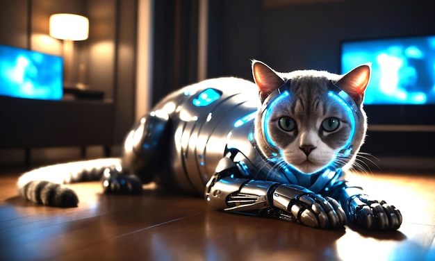 A sleek robotic cat with holographic fur lounging in a hightech home