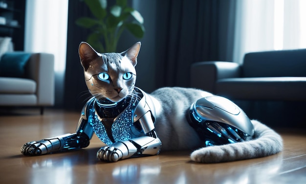 A sleek robotic cat with holographic fur lounging in a hightech home