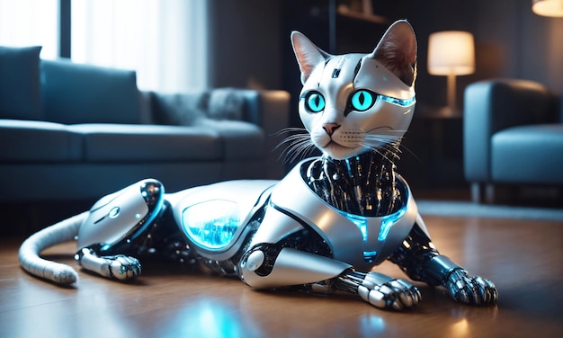 A sleek robotic cat with holographic fur lounging in a hightech home