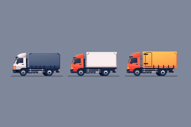 Sleek set of minimalist delivery trucks in various colors perfect for transport themes