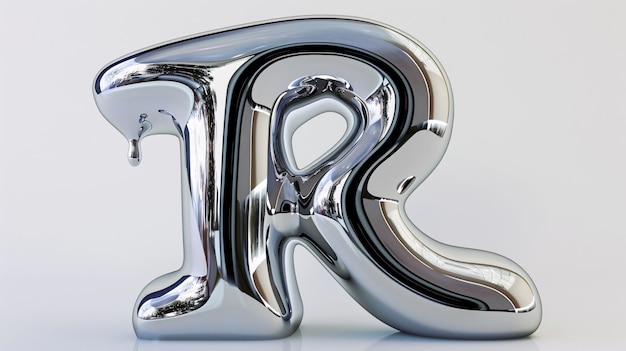 Sleek and shiny 3D molten metal letter R part of the English alphabet with a reflective finish and abstract fluid droplet design perfect for contemporary Y2K font styles