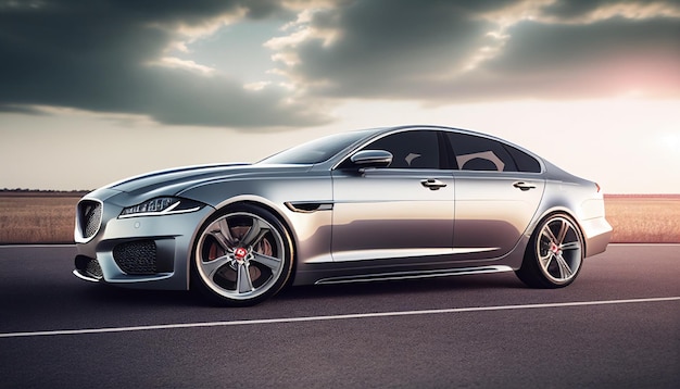 Sleek silver sports sedan on the road with metallic finish