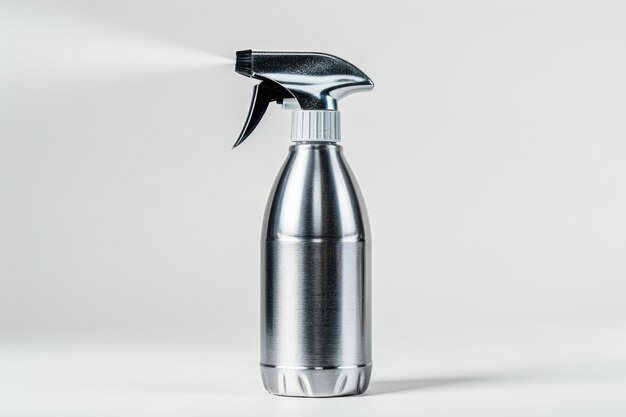 Photo a sleek silver spray bottle releasing a fine mist in a bright and clean setting during midday light