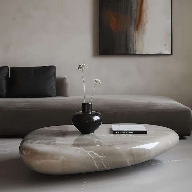 A sleek and simple coffee table with clean lines and a smooth polished surface A single modern vase