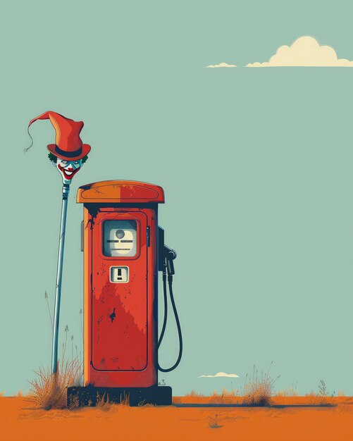 A sleek simple illustration of a gas pump with a jokers hat set against a clean clear sky