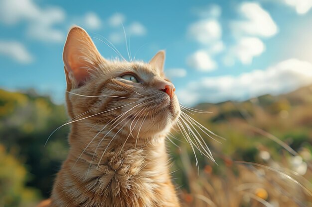 A sleek Sphynx cat perched on a golden retrievers back enjoying the breathtaking view during a scenic hike under a bright blue sky