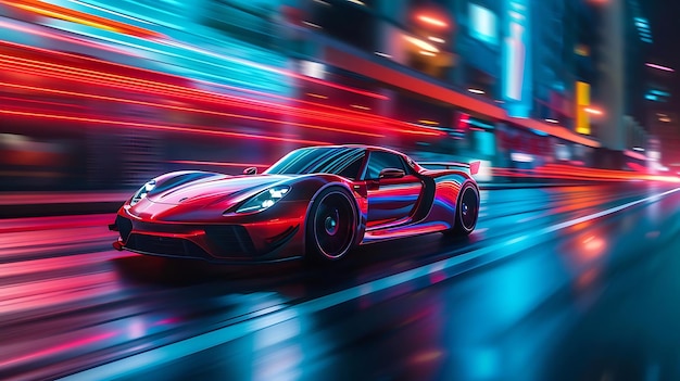 A sleek sports car racing through a vibrant neonlit cityscape